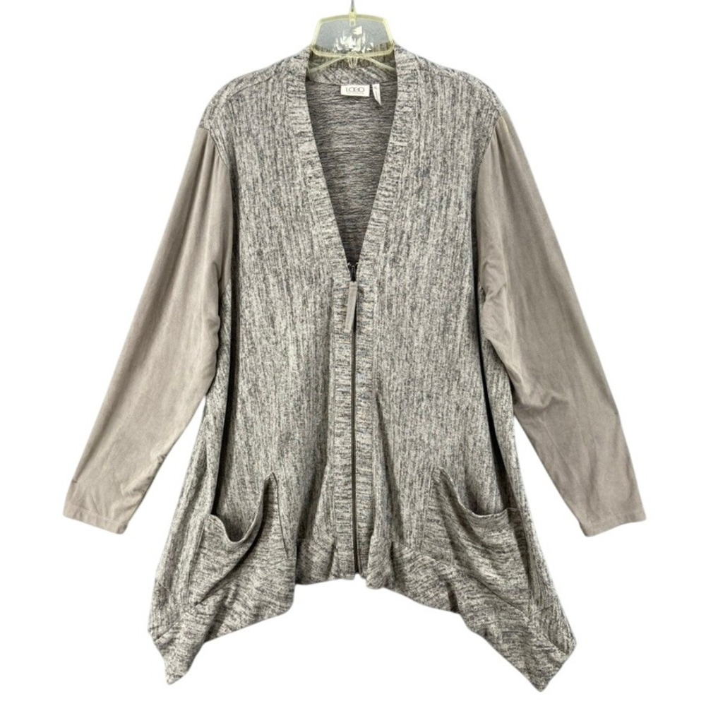 LOGO Lori Goldstein Cardigan XL Knit Beige Gray Asymmetrical Pockets Velure‎